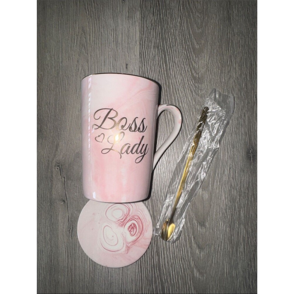 Boss Lady Pink Ceramic Mug with Gold Spoon